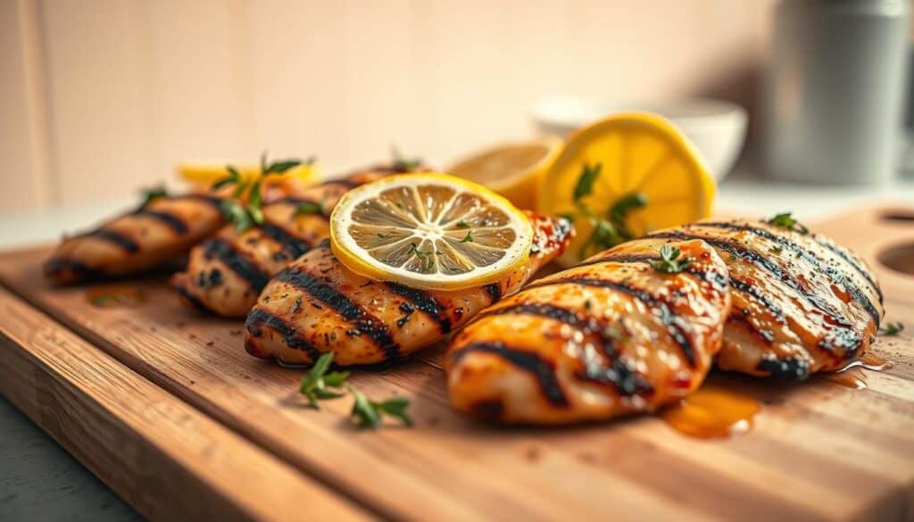 A beautifully lit close-up image of several thin, tender chicken breasts, expertly grilled and garnished with fresh herbs and lemon slices. The chicken is arranged on a wooden cutting board, showcasing its delicate texture and mouthwatering appearance. The lighting is soft and warm, casting a golden glow on the chicken, heightening its visual appeal. In the background, a clean, minimalist kitchen setting with muted colors provides a simple, yet elegant backdrop, allowing the chicken to be the star of the composition. The overall mood is one of wholesome, homemade goodness, perfect for a delicious and easy weeknight meal. A beautifully lit close-up image of several thin, tender chicken breasts, expertly grilled and garnished with fresh herbs and lemon slices. The chicken is arranged on a wooden cutting board, showcasing its delicate texture and mouthwatering appearance. The lighting is soft and warm, casting a golden glow on the chicken, heightening its visual appeal. In the background, a clean, minimalist kitchen setting with muted colors provides a simple, yet elegant backdrop, allowing the chicken to be the star of the composition. The overall mood is one of wholesome, homemade goodness, perfect for a delicious and easy weeknight meal.