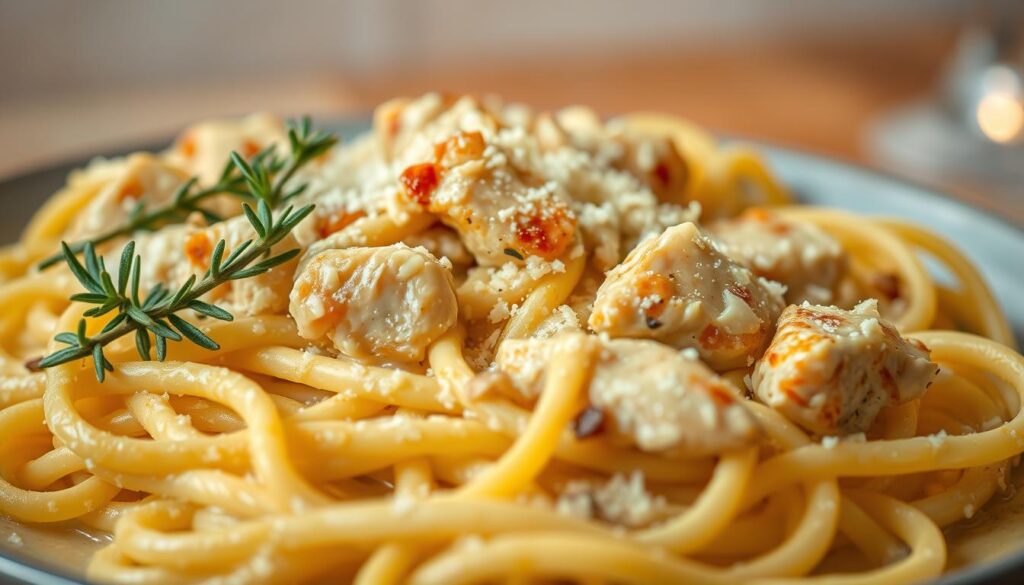 A beautifully lit, close-up photograph of a creamy, garlic-infused chicken pasta dish. In the foreground, a tangle of perfectly cooked fettuccine noodles is coated in a rich, velvety parmesan sauce, dotted with tender chunks of juicy, seared chicken. Sprigs of fresh thyme and grated parmesan cheese add a rustic, savory touch. The background is softly blurred, emphasizing the dish's tantalizing textures and flavors. The lighting is warm and inviting, casting a gentle glow over the scene, creating an atmosphere of comfort and home-cooked delight. A beautifully lit, close-up photograph of a creamy, garlic-infused chicken pasta dish. In the foreground, a tangle of perfectly cooked fettuccine noodles is coated in a rich, velvety parmesan sauce, dotted with tender chunks of juicy, seared chicken. Sprigs of fresh thyme and grated parmesan cheese add a rustic, savory touch. The background is softly blurred, emphasizing the dish's tantalizing textures and flavors. The lighting is warm and inviting, casting a gentle glow over the scene, creating an atmosphere of comfort and home-cooked delight.