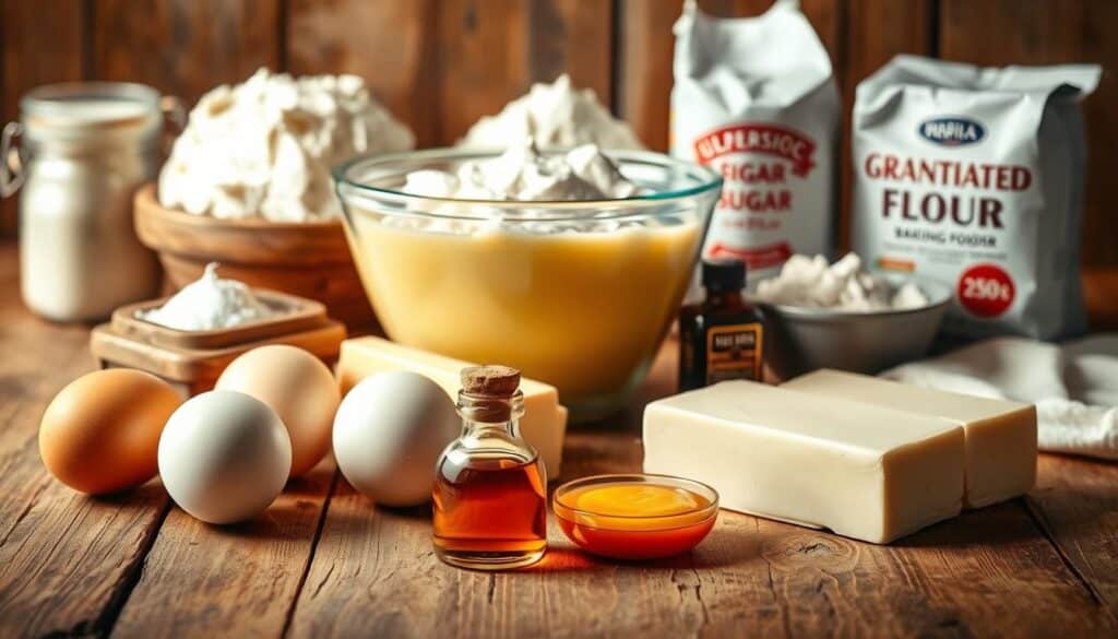 A beautifully lit still life composition showing the essential ingredients for a classic Boston cream cake. In the foreground, a selection of fresh eggs, butter, and vanilla extract are neatly arranged on a rustic wooden table. The midground features a glass bowl filled with rich, creamy custard, while in the background, a pile of all-purpose flour, granulated sugar, and baking powder stand ready to be incorporated. The scene is bathed in warm, soft lighting, creating a cozy, inviting atmosphere that enhances the mouthwatering appeal of the ingredients. The overall composition is balanced and visually appealing, perfectly capturing the essence of the "Essential Ingredients for the Perfect Boston Cream Cake Recipe". A beautifully lit still life composition showing the essential ingredients for a classic Boston cream cake. In the foreground, a selection of fresh eggs, butter, and vanilla extract are neatly arranged on a rustic wooden table. The midground features a glass bowl filled with rich, creamy custard, while in the background, a pile of all-purpose flour, granulated sugar, and baking powder stand ready to be incorporated. The scene is bathed in warm, soft lighting, creating a cozy, inviting atmosphere that enhances the mouthwatering appeal of the ingredients. The overall composition is balanced and visually appealing, perfectly capturing the essence of the "Essential Ingredients for the Perfect Boston Cream Cake Recipe".