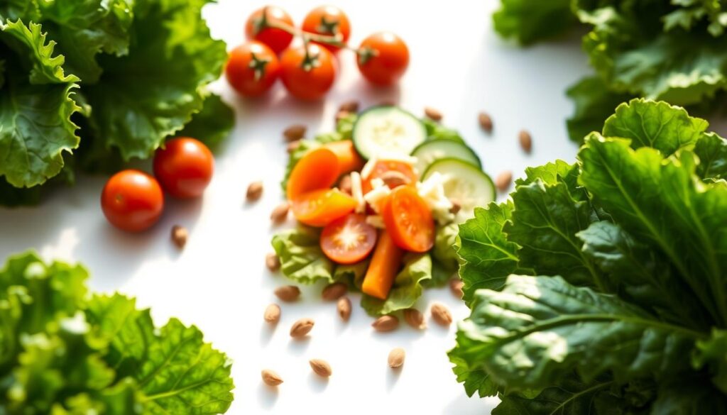 A bright, crisp photograph of the Chick-fil-A Kale Salad ingredients laid out on a white backdrop. In the foreground, fresh kale leaves are neatly arranged, their deep green hues glistening under natural light. Beside them, juicy cherry tomatoes in various shades of red and yellow pop against the clean background. In the middle ground, crunchy slices of carrot and cucumber add vibrant splashes of color. Garnished with a scattering of shredded cheese and crunchy roasted pepitas, the salad components come together in a visually appealing display. The lighting is soft and diffused, creating a clean, appetizing atmosphere that evokes the fresh, wholesome nature of the Chick-fil-A Kale Salad. A bright, crisp photograph of the Chick-fil-A Kale Salad ingredients laid out on a white backdrop. In the foreground, fresh kale leaves are neatly arranged, their deep green hues glistening under natural light. Beside them, juicy cherry tomatoes in various shades of red and yellow pop against the clean background. In the middle ground, crunchy slices of carrot and cucumber add vibrant splashes of color. Garnished with a scattering of shredded cheese and crunchy roasted pepitas, the salad components come together in a visually appealing display. The lighting is soft and diffused, creating a clean, appetizing atmosphere that evokes the fresh, wholesome nature of the Chick-fil-A Kale Salad.