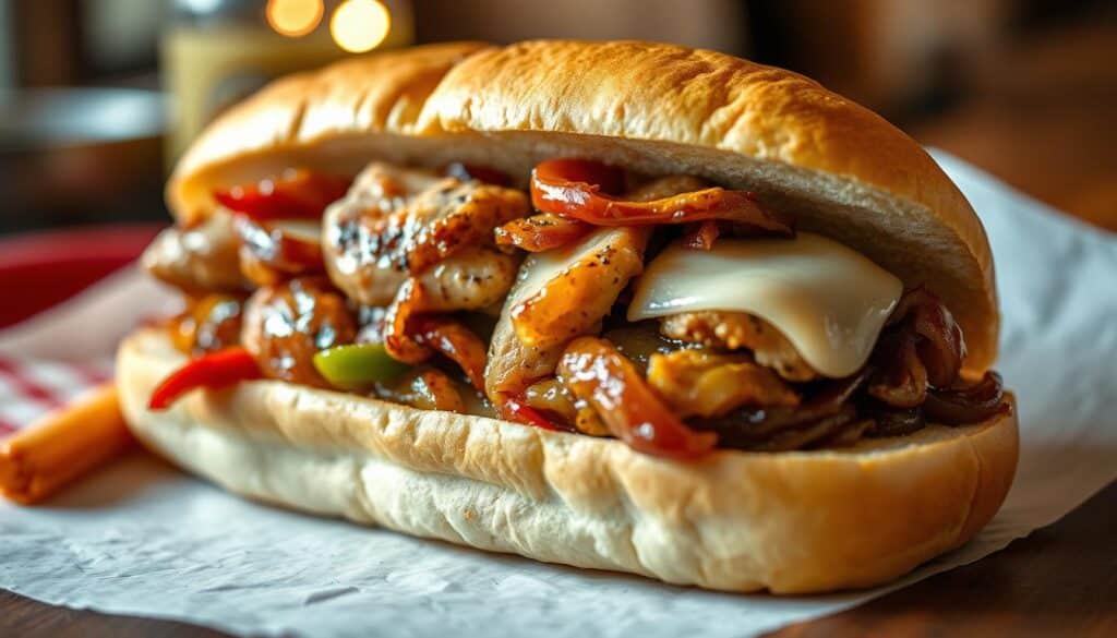 A delectable Chicken Philly Cheesesteak, the star of this culinary masterpiece, takes center stage. Tender, juicy chicken breasts sizzle atop a bed of caramelized onions and bell peppers, enveloped in a blanket of melted provolone cheese. The soft, toasted hoagie roll provides the perfect canvas, inviting you to savor every bite. Warm lighting casts a cozy glow, capturing the mouthwatering details of this perfectly crafted sandwich. Shot at a slight angle, the image showcases the layers of flavors and textures, enticing the viewer to indulge in this irresistible creation. The overall mood is one of comfort, indulgence, and the promise of a truly exceptional Chicken Philly Cheesesteak experience. A delectable Chicken Philly Cheesesteak, the star of this culinary masterpiece, takes center stage. Tender, juicy chicken breasts sizzle atop a bed of caramelized onions and bell peppers, enveloped in a blanket of melted provolone cheese. The soft, toasted hoagie roll provides the perfect canvas, inviting you to savor every bite. Warm lighting casts a cozy glow, capturing the mouthwatering details of this perfectly crafted sandwich. Shot at a slight angle, the image showcases the layers of flavors and textures, enticing the viewer to indulge in this irresistible creation. The overall mood is one of comfort, indulgence, and the promise of a truly exceptional Chicken Philly Cheesesteak experience.