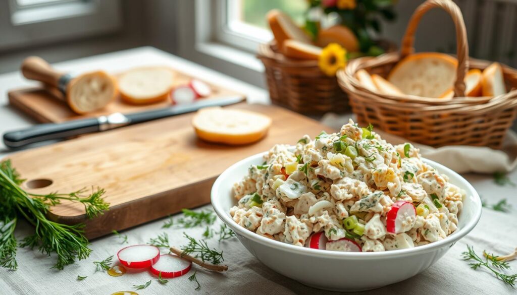A delectable classic chicken salad chick recipe presented in a rustic yet elegant setting. In the foreground, a creamy, chunky chicken salad mixture filled with finely chopped celery, onions, and herbs, served in a white ceramic bowl. Surrounding the bowl, scattered fresh sprigs of dill, sliced radishes, and a drizzle of olive oil. In the middle ground, a wooden cutting board with knife, and a basket of fresh baguette slices. The background features a neutral linen tablecloth, natural light filtering through a window, and a simple vase of seasonal flowers. The overall scene evokes a sense of homemade comfort and artisanal charm. A delectable classic chicken salad chick recipe presented in a rustic yet elegant setting. In the foreground, a creamy, chunky chicken salad mixture filled with finely chopped celery, onions, and herbs, served in a white ceramic bowl. Surrounding the bowl, scattered fresh sprigs of dill, sliced radishes, and a drizzle of olive oil. In the middle ground, a wooden cutting board with knife, and a basket of fresh baguette slices. The background features a neutral linen tablecloth, natural light filtering through a window, and a simple vase of seasonal flowers. The overall scene evokes a sense of homemade comfort and artisanal charm.