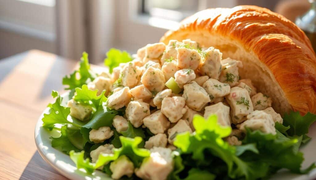 A delectable homemade chicken salad, nestled atop a bed of fresh leafy greens. The chunky chicken pieces are perfectly seasoned, blended with creamy mayonnaise, crunchy celery, and fragrant dill. Sunlight streams through a nearby window, casting a warm, inviting glow on the dish. The salad is presented on a simple white plate, accompanied by a soft, freshly baked croissant, inviting the viewer to dive in and savor the comforting flavors. The scene exudes a sense of homemade goodness and effortless sophistication, capturing the essence of the "The Appeal of Homemade Chicken Salad." A delectable homemade chicken salad, nestled atop a bed of fresh leafy greens. The chunky chicken pieces are perfectly seasoned, blended with creamy mayonnaise, crunchy celery, and fragrant dill. Sunlight streams through a nearby window, casting a warm, inviting glow on the dish. The salad is presented on a simple white plate, accompanied by a soft, freshly baked croissant, inviting the viewer to dive in and savor the comforting flavors. The scene exudes a sense of homemade goodness and effortless sophistication, capturing the essence of the "The Appeal of Homemade Chicken Salad."
