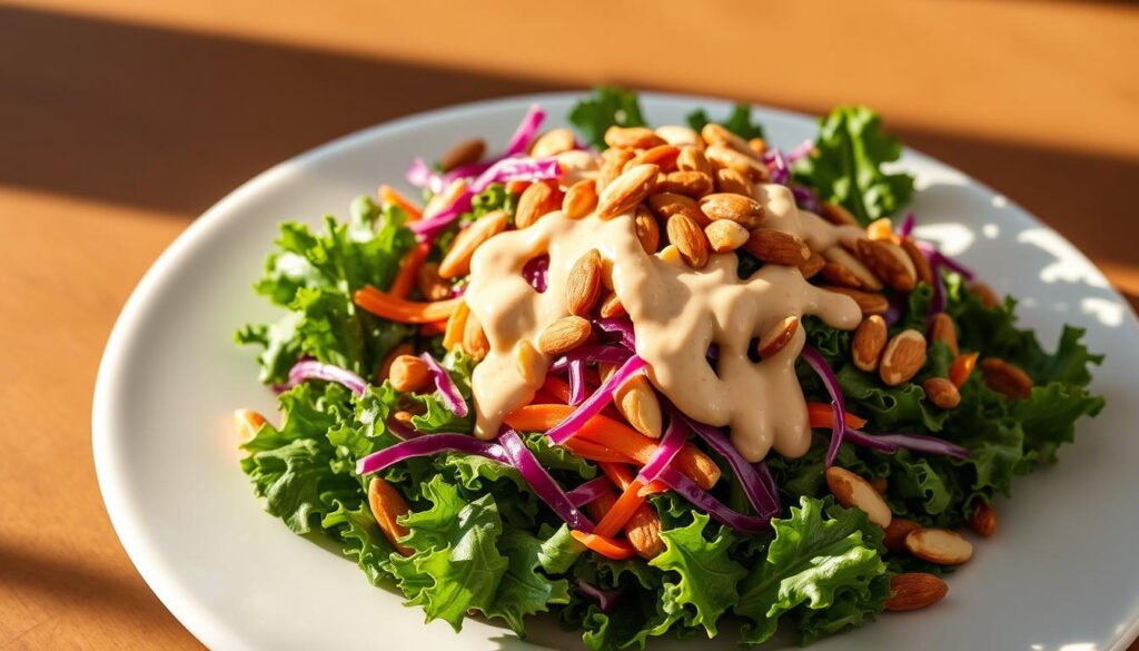 A freshly prepared Chick-fil-A Kale Crunch Salad sits atop a crisp white plate, its vibrant greens and crunchy toppings artfully arranged. The kale leaves are neatly chopped, their dark green hues complemented by the pale shredded carrots, red cabbage, and crisp roasted almonds. A drizzle of the signature Creamy Salsa Dressing adds a tantalizing touch, its creamy texture and zesty flavor enhancing the overall composition. The salad is illuminated by soft, natural lighting, casting subtle shadows and highlighting the intricate details of the fresh ingredients. The camera angle captures the salad from a slightly elevated perspective, showcasing its enticing visual appeal and the irresistible combination of flavors and textures that make Chick-fil-A's Kale Crunch Salad a fan-favorite. A freshly prepared Chick-fil-A Kale Crunch Salad sits atop a crisp white plate, its vibrant greens and crunchy toppings artfully arranged. The kale leaves are neatly chopped, their dark green hues complemented by the pale shredded carrots, red cabbage, and crisp roasted almonds. A drizzle of the signature Creamy Salsa Dressing adds a tantalizing touch, its creamy texture and zesty flavor enhancing the overall composition. The salad is illuminated by soft, natural lighting, casting subtle shadows and highlighting the intricate details of the fresh ingredients. The camera angle captures the salad from a slightly elevated perspective, showcasing its enticing visual appeal and the irresistible combination of flavors and textures that make Chick-fil-A's Kale Crunch Salad a fan-favorite.