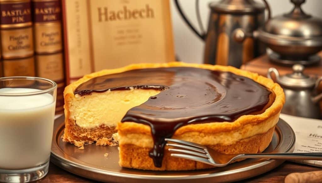A lush, creamy Boston cream pie set against a backdrop of vintage cookbooks and kitchen utensils. The pie's golden crust gleams under warm, soft lighting, revealing its decadent custard and chocolate glaze interior. In the foreground, a glass of milk and a fork hint at the delectable flavors. The composition evokes a nostalgic, homey atmosphere, capturing the timeless appeal of this classic American dessert. The scene is shot with a shallow depth of field, drawing the viewer's focus to the centerpiece pie and its historical significance. A lush, creamy Boston cream pie set against a backdrop of vintage cookbooks and kitchen utensils. The pie's golden crust gleams under warm, soft lighting, revealing its decadent custard and chocolate glaze interior. In the foreground, a glass of milk and a fork hint at the delectable flavors. The composition evokes a nostalgic, homey atmosphere, capturing the timeless appeal of this classic American dessert. The scene is shot with a shallow depth of field, drawing the viewer's focus to the centerpiece pie and its historical significance.