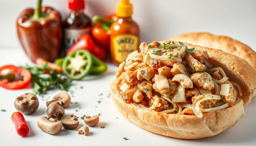 A meticulously arranged still life of chicken cheesesteak ingredients, captured in natural daylight against a stark white backdrop. In the foreground, juicy chicken strips, sautéed onions, and melted provolone cheese are piled high on a freshly toasted sub roll. The middle ground features sliced bell peppers, mushrooms, and a sprinkle of oregano. In the background, a modest selection of condiments - ketchup, mustard, and hot sauce - stands ready to complement the flavors. The overall composition conveys a sense of rustic elegance, highlighting the high-quality, wholesome ingredients that make up this classic Philadelphia sandwich. A meticulously arranged still life of chicken cheesesteak ingredients, captured in natural daylight against a stark white backdrop. In the foreground, juicy chicken strips, sautéed onions, and melted provolone cheese are piled high on a freshly toasted sub roll. The middle ground features sliced bell peppers, mushrooms, and a sprinkle of oregano. In the background, a modest selection of condiments - ketchup, mustard, and hot sauce - stands ready to complement the flavors. The overall composition conveys a sense of rustic elegance, highlighting the high-quality, wholesome ingredients that make up this classic Philadelphia sandwich.