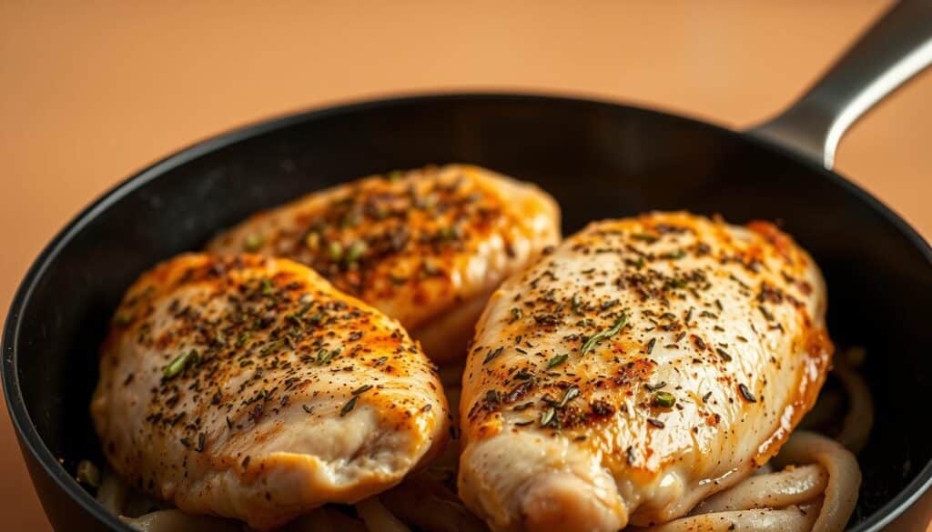 A meticulously lit close-up shot of thin, tender chicken breasts seasoned with a blend of fragrant herbs and spices, sizzling in a cast-iron skillet against a warm, neutral background. The lighting highlights the juicy, golden-brown surface of the chicken, drawing the viewer's attention to the delectable texture and flavor. The composition emphasizes the simplicity and ease of preparation, conveying the idea of a quick, effortless weeknight meal that is both nutritious and delicious. A meticulously lit close-up shot of thin, tender chicken breasts seasoned with a blend of fragrant herbs and spices, sizzling in a cast-iron skillet against a warm, neutral background. The lighting highlights the juicy, golden-brown surface of the chicken, drawing the viewer's attention to the delectable texture and flavor. The composition emphasizes the simplicity and ease of preparation, conveying the idea of a quick, effortless weeknight meal that is both nutritious and delicious.