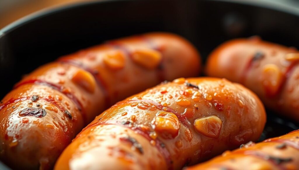 A mouthwatering close-up of a juicy chicken apple sausage, sizzling on a cast iron skillet under warm, golden lighting. The sausage's natural casings are glistening, revealing a mix of savory chicken, sweet apples, and aromatic spices. The shallow depth of field highlights the sausage's inviting texture, while the background is softly blurred, drawing the viewer's focus to the healthful protein. Composition is balanced, with the sausage positioned slightly off-center to create visual interest. Overall, the image conveys the appetizing, yet nutritious nature of this versatile ingredient. A mouthwatering close-up of a juicy chicken apple sausage, sizzling on a cast iron skillet under warm, golden lighting. The sausage's natural casings are glistening, revealing a mix of savory chicken, sweet apples, and aromatic spices. The shallow depth of field highlights the sausage's inviting texture, while the background is softly blurred, drawing the viewer's focus to the healthful protein. Composition is balanced, with the sausage positioned slightly off-center to create visual interest. Overall, the image conveys the appetizing, yet nutritious nature of this versatile ingredient.