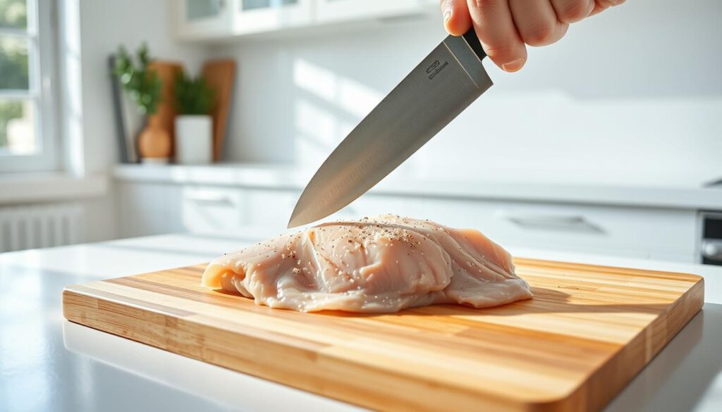 A neatly organized kitchen counter with a clean white surface, a thin chicken breast resting on a wooden cutting board. Crisp natural lighting from a large window casts a soft glow, casting delicate shadows that accentuate the succulent meat's contours. The chicken is lightly seasoned with salt and pepper, ready for expert slicing with a sharp chef's knife held at a precise angle. The overall scene conveys a sense of culinary precision and efficiency, perfectly suited for the "Essential Preparation Techniques for Thin Chicken Breasts" section of the article. A neatly organized kitchen counter with a clean white surface, a thin chicken breast resting on a wooden cutting board. Crisp natural lighting from a large window casts a soft glow, casting delicate shadows that accentuate the succulent meat's contours. The chicken is lightly seasoned with salt and pepper, ready for expert slicing with a sharp chef's knife held at a precise angle. The overall scene conveys a sense of culinary precision and efficiency, perfectly suited for the "Essential Preparation Techniques for Thin Chicken Breasts" section of the article.