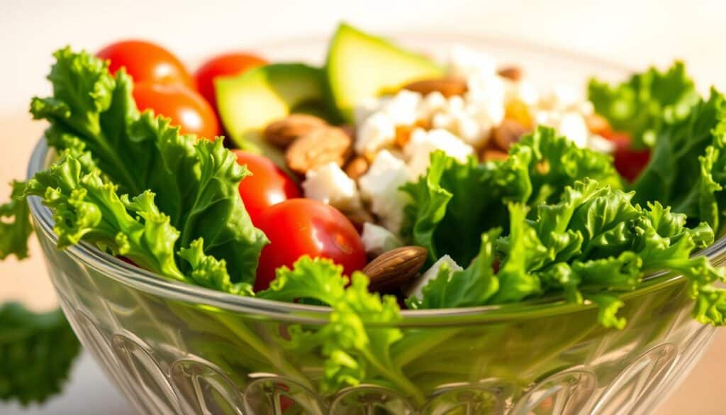 A pristine glass bowl filled with the fresh, vibrant ingredients of a kale salad. In the foreground, crisp, dark green kale leaves spill out from the bowl, their serrated edges catching the warm, natural lighting. Behind them, a medley of colorful toppings await - juicy cherry tomatoes, creamy avocado slices, crunchy toasted almonds, and tangy feta cheese crumbles. The background is a soft, blurred gradient, allowing the ingredients to take center stage. An idyllic scene, capturing the essence of a homemade, healthy kale salad, ready to be transformed into a delicious meal. A pristine glass bowl filled with the fresh, vibrant ingredients of a kale salad. In the foreground, crisp, dark green kale leaves spill out from the bowl, their serrated edges catching the warm, natural lighting. Behind them, a medley of colorful toppings await - juicy cherry tomatoes, creamy avocado slices, crunchy toasted almonds, and tangy feta cheese crumbles. The background is a soft, blurred gradient, allowing the ingredients to take center stage. An idyllic scene, capturing the essence of a homemade, healthy kale salad, ready to be transformed into a delicious meal.