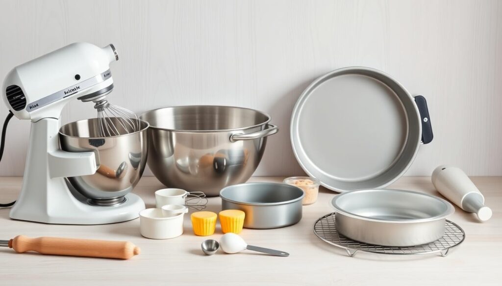 A professional, well-lit studio shot of baking equipment for making Boston cream cake, including a stand mixer with a whisk attachment, a large mixing bowl, a rolling pin, a set of measuring cups and spoons, a round cake pan, a wire cooling rack, and a hand mixer. The equipment is arranged neatly on a clean, lightly textured wooden surface, with soft, diffused lighting from overhead creating gentle shadows and highlights. The overall mood is one of organized efficiency, highlighting the tools needed to create a delicious Boston cream cake. A professional, well-lit studio shot of baking equipment for making Boston cream cake, including a stand mixer with a whisk attachment, a large mixing bowl, a rolling pin, a set of measuring cups and spoons, a round cake pan, a wire cooling rack, and a hand mixer. The equipment is arranged neatly on a clean, lightly textured wooden surface, with soft, diffused lighting from overhead creating gentle shadows and highlights. The overall mood is one of organized efficiency, highlighting the tools needed to create a delicious Boston cream cake.