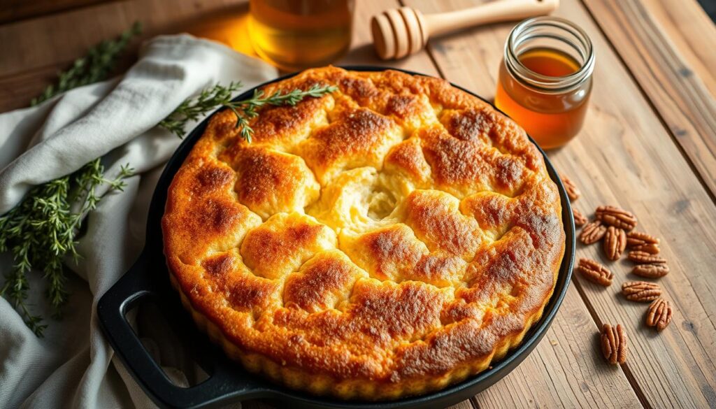 A rustic and authentic Southern hoe cake, freshly baked on a cast iron griddle, glistening with golden-brown edges and a fluffy, buttery interior. The cake sits atop a weathered wooden table, surrounded by sprigs of fresh thyme, a jar of golden honey, and a scattering of pecans. Soft, natural lighting illuminates the scene, casting gentle shadows and highlighting the rich, earthy tones. The image conveys the comforting and time-honored tradition of this classic Southern staple, inviting the viewer to imagine the aroma and taste of this beloved regional delicacy. A rustic and authentic Southern hoe cake, freshly baked on a cast iron griddle, glistening with golden-brown edges and a fluffy, buttery interior. The cake sits atop a weathered wooden table, surrounded by sprigs of fresh thyme, a jar of golden honey, and a scattering of pecans. Soft, natural lighting illuminates the scene, casting gentle shadows and highlighting the rich, earthy tones. The image conveys the comforting and time-honored tradition of this classic Southern staple, inviting the viewer to imagine the aroma and taste of this beloved regional delicacy.