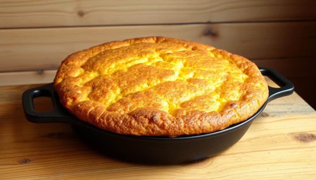 A rustic cornbread hoecake, freshly baked on a vintage cast-iron skillet, sits atop a wooden farmhouse table. The golden-brown crust glistens under the warm, natural lighting, inviting a closer look. Visible are the distinct coarse crumbs and subtle charred edges that define this traditional Southern delicacy. The hoecake's irregular shape and rough-hewn appearance evoke a sense of homespun authenticity. In the background, a worn, wooden plank wall provides a simple, yet textured backdrop, complementing the modest, yet comforting presentation. This image captures the essence of a beloved, time-honored recipe that embodies the heart and soul of Southern cuisine. A rustic cornbread hoecake, freshly baked on a vintage cast-iron skillet, sits atop a wooden farmhouse table. The golden-brown crust glistens under the warm, natural lighting, inviting a closer look. Visible are the distinct coarse crumbs and subtle charred edges that define this traditional Southern delicacy. The hoecake's irregular shape and rough-hewn appearance evoke a sense of homespun authenticity. In the background, a worn, wooden plank wall provides a simple, yet textured backdrop, complementing the modest, yet comforting presentation. This image captures the essence of a beloved, time-honored recipe that embodies the heart and soul of Southern cuisine.