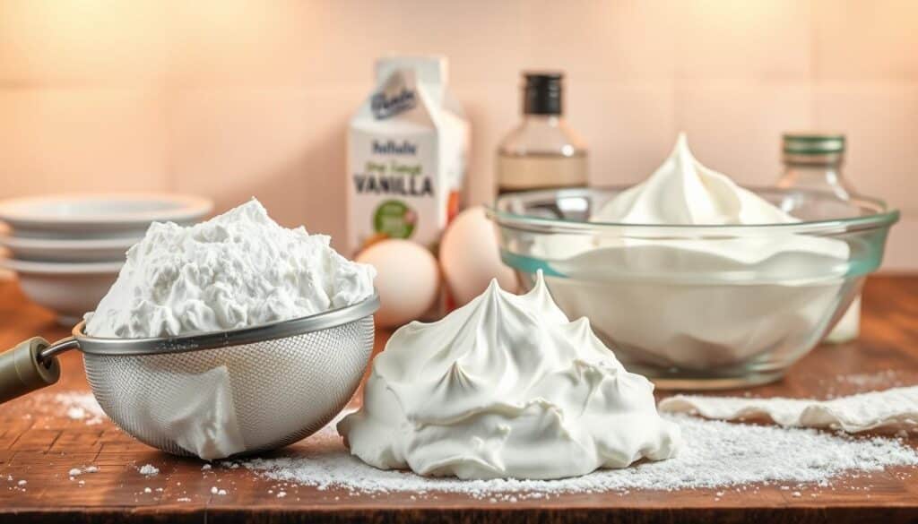 A rustic kitchen countertop, softly lit from above, showcases an assortment of delicate, cloud-like ingredients for the fluffiest cake imaginable. In the foreground, a pile of airy, soft-peaked meringue sits next to a sifter of fine, powdery confectioner's sugar. Nearby, a glass bowl contains whipped cream, its peaks gently folding over themselves. In the middle ground, a carton of fresh, free-range eggs and a jar of pure vanilla extract await their turn. The background is hazy, with a faint shimmer of light, creating an ethereal, dreamy atmosphere befitting the lightness of this cloud cake recipe. A rustic kitchen countertop, softly lit from above, showcases an assortment of delicate, cloud-like ingredients for the fluffiest cake imaginable. In the foreground, a pile of airy, soft-peaked meringue sits next to a sifter of fine, powdery confectioner's sugar. Nearby, a glass bowl contains whipped cream, its peaks gently folding over themselves. In the middle ground, a carton of fresh, free-range eggs and a jar of pure vanilla extract await their turn. The background is hazy, with a faint shimmer of light, creating an ethereal, dreamy atmosphere befitting the lightness of this cloud cake recipe.