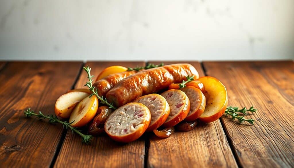 A rustic wooden table, centered in the frame, showcases a succulent chicken apple sausage dish. The sausage, sliced diagonally, is arranged alongside roasted apple wedges, caramelized onions, and fresh thyme sprigs. The lighting is warm and inviting, casting a soft glow over the scene. In the background, a simple white wall provides a clean backdrop, allowing the vibrant colors of the ingredients to take center stage. The overall composition is balanced and visually appealing, capturing the essence of a deliciously healthy chicken apple sausage recipe that would entice any beginner cook. A rustic wooden table, centered in the frame, showcases a succulent chicken apple sausage dish. The sausage, sliced diagonally, is arranged alongside roasted apple wedges, caramelized onions, and fresh thyme sprigs. The lighting is warm and inviting, casting a soft glow over the scene. In the background, a simple white wall provides a clean backdrop, allowing the vibrant colors of the ingredients to take center stage. The overall composition is balanced and visually appealing, capturing the essence of a deliciously healthy chicken apple sausage recipe that would entice any beginner cook.