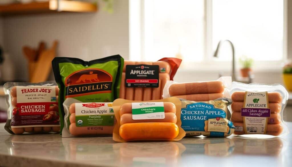 A well-lit kitchen counter displaying an assortment of popular chicken apple sausage brands, including Trader Joe's, Aidells, and Applegate. The sausages are arranged neatly, showcasing their natural casings and vibrant colors. The lighting casts a warm, inviting glow, highlighting the products' textures and details. In the background, a blurred out window allows natural daylight to filter in, creating a sense of freshness and healthiness. The overall composition is clean, simple, and visually appealing, reflecting the essential tips for cooking with chicken apple sausage. A well-lit kitchen counter displaying an assortment of popular chicken apple sausage brands, including Trader Joe's, Aidells, and Applegate. The sausages are arranged neatly, showcasing their natural casings and vibrant colors. The lighting casts a warm, inviting glow, highlighting the products' textures and details. In the background, a blurred out window allows natural daylight to filter in, creating a sense of freshness and healthiness. The overall composition is clean, simple, and visually appealing, reflecting the essential tips for cooking with chicken apple sausage.