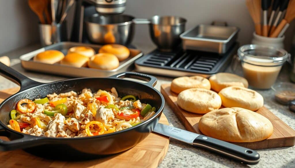 A well-lit kitchen counter showcases an assortment of essential cooking equipment for preparing the perfect Chicken Philly Cheesesteak. In the foreground, a cast-iron skillet sizzles with tender chicken breast, onions, and bell peppers. Beside it, a sharp chef's knife and a wooden cutting board hint at the preparation process. In the middle ground, a stainless-steel griddle stands ready to toast the soft, fresh buns. Behind them, a sturdy stand mixer and a set of measuring cups and spoons suggest the attention to detail required for the delectable cheese sauce. The scene is bathed in warm, natural light, evoking the comforting atmosphere of a well-equipped home kitchen. A well-lit kitchen counter showcases an assortment of essential cooking equipment for preparing the perfect Chicken Philly Cheesesteak. In the foreground, a cast-iron skillet sizzles with tender chicken breast, onions, and bell peppers. Beside it, a sharp chef's knife and a wooden cutting board hint at the preparation process. In the middle ground, a stainless-steel griddle stands ready to toast the soft, fresh buns. Behind them, a sturdy stand mixer and a set of measuring cups and spoons suggest the attention to detail required for the delectable cheese sauce. The scene is bathed in warm, natural light, evoking the comforting atmosphere of a well-equipped home kitchen.