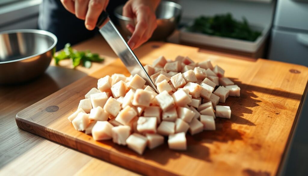 A well-lit kitchen counter, with a wooden cutting board in the foreground. Two hands, wearing sharp kitchen knives, deftly dicing a boneless, skinless chicken breast into uniform, bite-sized cubes. The chicken pieces are arranged in an appealing, symmetrical pattern, with a hint of seasoning visible. In the background, a stainless steel mixing bowl and a few fresh herbs add context to the scene. The lighting is natural, lending a warm, inviting atmosphere to the image. The camera angle is slightly elevated, providing a clear, unobstructed view of the cutting technique. A well-lit kitchen counter, with a wooden cutting board in the foreground. Two hands, wearing sharp kitchen knives, deftly dicing a boneless, skinless chicken breast into uniform, bite-sized cubes. The chicken pieces are arranged in an appealing, symmetrical pattern, with a hint of seasoning visible. In the background, a stainless steel mixing bowl and a few fresh herbs add context to the scene. The lighting is natural, lending a warm, inviting atmosphere to the image. The camera angle is slightly elevated, providing a clear, unobstructed view of the cutting technique.