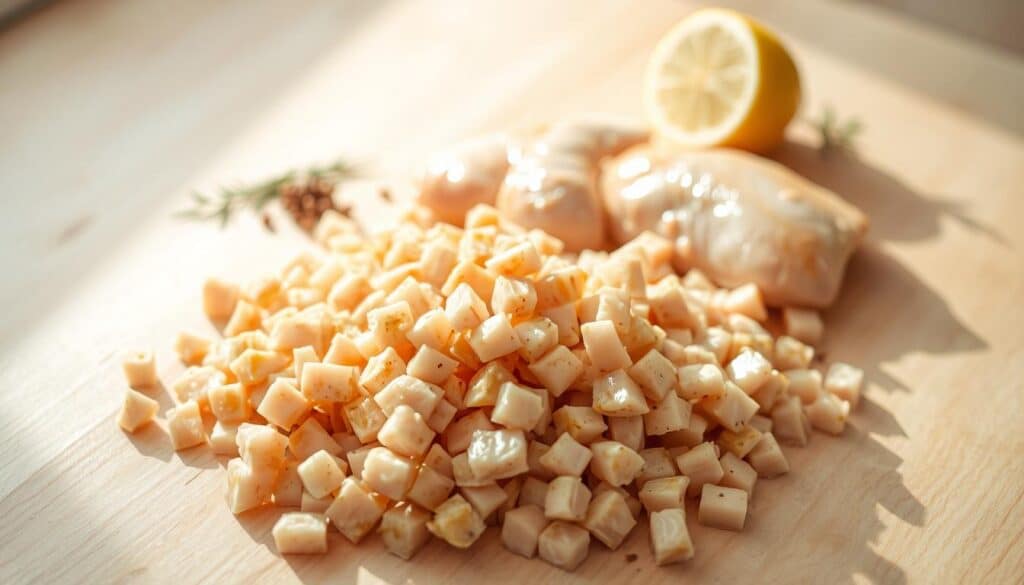 Diced chicken arranged in a visually appealing composition on a light wooden surface, illuminated by soft, natural lighting that casts warm shadows. In the foreground, neatly diced chicken pieces in shades of white and brown, with a hint of seasoning or marinade. The middle ground features complementary ingredients like fresh herbs, spices, or lemon wedges, suggesting the versatility of diced chicken in various recipes. The background shows a minimal, uncluttered setting, allowing the delicious-looking chicken to be the focal point. The overall atmosphere conveys the idea of a wholesome, homemade meal that's easy to prepare with diced chicken. Diced chicken arranged in a visually appealing composition on a light wooden surface, illuminated by soft, natural lighting that casts warm shadows. In the foreground, neatly diced chicken pieces in shades of white and brown, with a hint of seasoning or marinade. The middle ground features complementary ingredients like fresh herbs, spices, or lemon wedges, suggesting the versatility of diced chicken in various recipes. The background shows a minimal, uncluttered setting, allowing the delicious-looking chicken to be the focal point. The overall atmosphere conveys the idea of a wholesome, homemade meal that's easy to prepare with diced chicken.