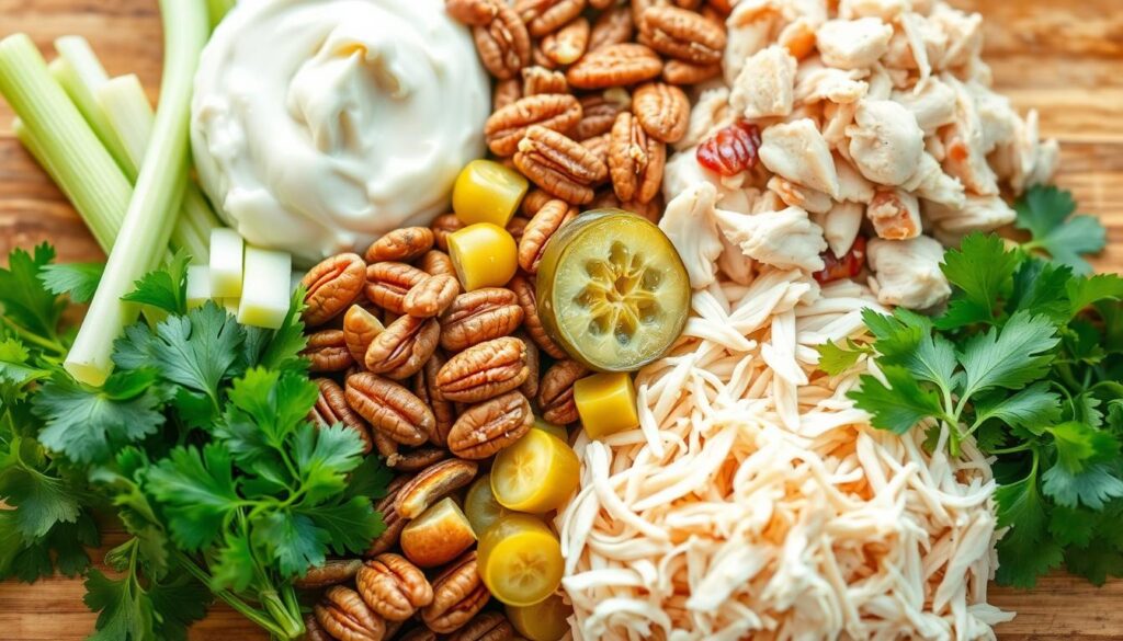 Neatly arranged assortment of freshly chopped ingredients for the perfect chicken salad chick recipe - crisp celery stalks, crunchy pecans, creamy mayonnaise, tangy pickles, tender shredded chicken, and bright parsley. Lit from the side with soft, flattering natural light, capturing the vibrant colors and textures of the components. Photographed from a high angle with a shallow depth of field, placing emphasis on the individual ingredients while hinting at the finished dish. Conveys a homemade, comforting, and delicious vibe. Neatly arranged assortment of freshly chopped ingredients for the perfect chicken salad chick recipe - crisp celery stalks, crunchy pecans, creamy mayonnaise, tangy pickles, tender shredded chicken, and bright parsley. Lit from the side with soft, flattering natural light, capturing the vibrant colors and textures of the components. Photographed from a high angle with a shallow depth of field, placing emphasis on the individual ingredients while hinting at the finished dish. Conveys a homemade, comforting, and delicious vibe.