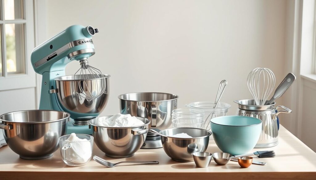 a well-lit studio table filled with various baking equipment and utensils for making a fluffy cloud cake, including a large stand mixer with whisk attachment, a set of high-quality metal mixing bowls, a silicone spatula, a handheld electric whisk, a sifter, and a set of precise measuring cups and spoons, all arranged in an appealing, organized manner against a soft, pastel-colored backdrop, with natural window lighting creating a warm, inviting atmosphere a well-lit studio table filled with various baking equipment and utensils for making a fluffy cloud cake, including a large stand mixer with whisk attachment, a set of high-quality metal mixing bowls, a silicone spatula, a handheld electric whisk, a sifter, and a set of precise measuring cups and spoons, all arranged in an appealing, organized manner against a soft, pastel-colored backdrop, with natural window lighting creating a warm, inviting atmosphere