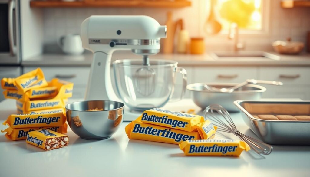 A bright, airy kitchen scene with a mix of Butterfinger candy bars, a hand mixer, a measuring cup, a whisk, and baking pans arranged neatly on a pristine white countertop. Warm, golden lighting casts a cozy glow, highlighting the textures of the tools. The overall composition has a balanced, symmetrical layout, creating a sense of order and organization. The scene conveys a welcoming, inviting atmosphere, perfect for illustrating a Butterfinger cake recipe and the necessary kitchen equipment. Butterfinger candy bars, hand mixer, measuring cup, whisk, and baking pans arranged on a white kitchen countertop with warm golden lighting.