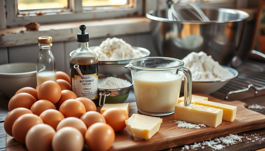 A bountiful still life showcasing the essential ingredients for a decadent buttermilk pound cake. In the foreground, a collection of fresh eggs, softened butter, and a measuring cup filled with thick, creamy buttermilk. In the middle ground, a rustic wooden board displays fragrant vanilla extract, a sifter filled with all-purpose flour, and a pile of granulated sugar. The background features a vintage mixing bowl, a whisk, and a wire cooling rack, all bathed in warm, natural light from a nearby window. The overall scene exudes a sense of homemade comfort and culinary craftsmanship, perfectly capturing the essence of a classic buttermilk pound cake. A bountiful still life showcasing the essential ingredients for a decadent buttermilk pound cake. In the foreground, a collection of fresh eggs, softened butter, and a measuring cup filled with thick, creamy buttermilk. In the middle ground, a rustic wooden board displays fragrant vanilla extract, a sifter filled with all-purpose flour, and a pile of granulated sugar. The background features a vintage mixing bowl, a whisk, and a wire cooling rack, all bathed in warm, natural light from a nearby window. The overall scene exudes a sense of homemade comfort and culinary craftsmanship, perfectly capturing the essence of a classic buttermilk pound cake.
