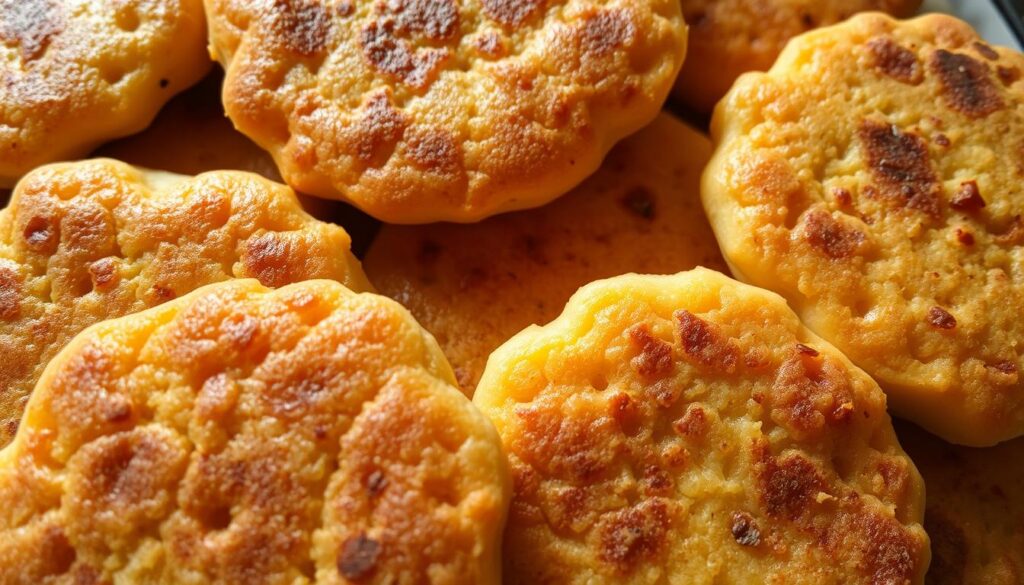 A close-up of the textured surface of freshly baked hoe cakes, shot from an overhead angle with soft, natural lighting. The golden-brown cakes fill the frame, their crisp edges and slightly uneven surfaces glistening. The mottled, porous texture of the cakes is clearly visible, with tiny air pockets and subtle variations in color and shading. The background is blurred, keeping the focus on the intricate details and tactile quality of the hoe cakes. A close-up of the textured surface of freshly baked hoe cakes, shot from an overhead angle with soft, natural lighting. The golden-brown cakes fill the frame, their crisp edges and slightly uneven surfaces glistening. The mottled, porous texture of the cakes is clearly visible, with tiny air pockets and subtle variations in color and shading. The background is blurred, keeping the focus on the intricate details and tactile quality of the hoe cakes.