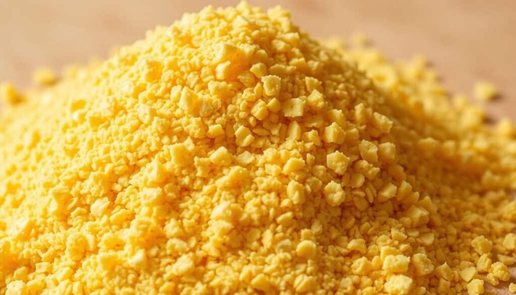 A close-up shot of a pile of golden yellow cornmeal, freshly ground from whole kernel corn. The granules are coarse and uneven, with a natural, rustic texture. The lighting is soft and diffused, casting gentle shadows that accentuate the contours and highlights of the cornmeal. The background is a simple, neutral tone that allows the cornmeal to be the focal point. The overall mood is warm, earthy, and inviting, conveying the simplicity and authenticity of this essential ingredient for delicious hoe cakes. A close-up shot of a pile of golden yellow cornmeal, freshly ground from whole kernel corn. The granules are coarse and uneven, with a natural, rustic texture. The lighting is soft and diffused, casting gentle shadows that accentuate the contours and highlights of the cornmeal. The background is a simple, neutral tone that allows the cornmeal to be the focal point. The overall mood is warm, earthy, and inviting, conveying the simplicity and authenticity of this essential ingredient for delicious hoe cakes.