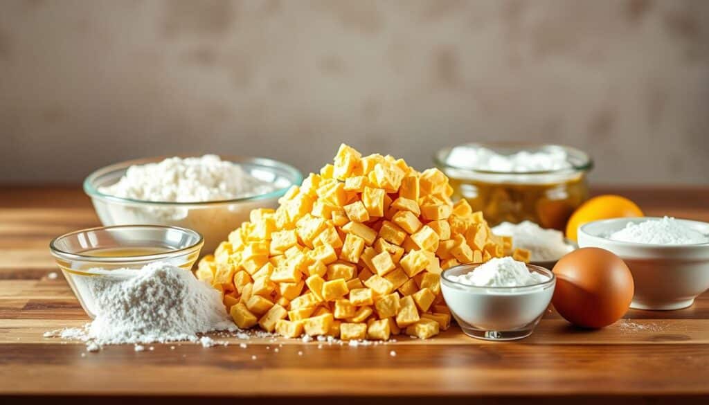 A close-up, well-lit photograph of a wooden kitchen counter or table, with various ingredients for a Butterfinger cake artfully arranged in the foreground. In the center, a pile of chopped Butterfinger candy bars, surrounded by bowls of flour, sugar, eggs, vanilla extract, and other baking essentials. In the background, a blurred, neutral-colored wall or surface, creating a clean, uncluttered composition that emphasizes the ingredients. The lighting is soft and natural, creating warm, inviting shadows and highlights that enhance the textures and colors of the components. The overall mood is one of culinary anticipation and attention to detail, capturing the essence of a "Complete Butterfinger Cake Recipe Ingredients List". A close-up, well-lit photograph of a wooden kitchen counter or table, with various ingredients for a Butterfinger cake artfully arranged in the foreground. In the center, a pile of chopped Butterfinger candy bars, surrounded by bowls of flour, sugar, eggs, vanilla extract, and other baking essentials. In the background, a blurred, neutral-colored wall or surface, creating a clean, uncluttered composition that emphasizes the ingredients. The lighting is soft and natural, creating warm, inviting shadows and highlights that enhance the textures and colors of the components. The overall mood is one of culinary anticipation and attention to detail, capturing the essence of a "Complete Butterfinger Cake Recipe Ingredients List".