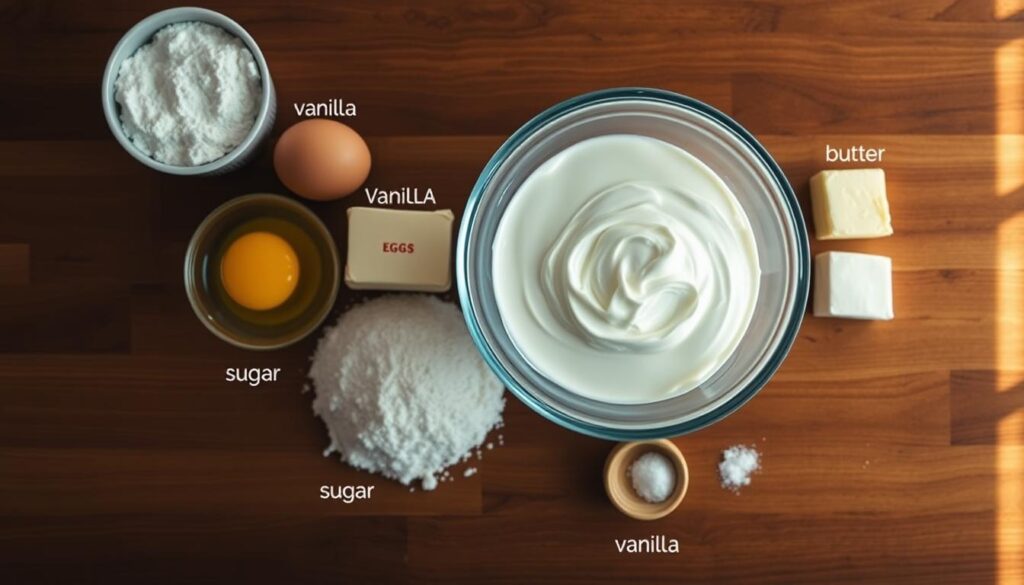 A crisp, well-lit overhead shot of a wooden table or countertop, with a neatly arranged assortment of sour cream pound cake ingredients in the foreground. In the center, a glass mixing bowl filled with rich, creamy sour cream, surrounded by precise measurements of all-purpose flour, granulated sugar, eggs, butter, vanilla extract, and a pinch of salt. Warm, natural lighting casts soft shadows, highlighting the textural details of each ingredient. The composition is clean, focused, and inviting, capturing the essential components needed to bake a mouthwatering sour cream pound cake. A crisp, well-lit overhead shot of a wooden table or countertop, with a neatly arranged assortment of sour cream pound cake ingredients in the foreground. In the center, a glass mixing bowl filled with rich, creamy sour cream, surrounded by precise measurements of all-purpose flour, granulated sugar, eggs, butter, vanilla extract, and a pinch of salt. Warm, natural lighting casts soft shadows, highlighting the textural details of each ingredient. The composition is clean, focused, and inviting, capturing the essential components needed to bake a mouthwatering sour cream pound cake.