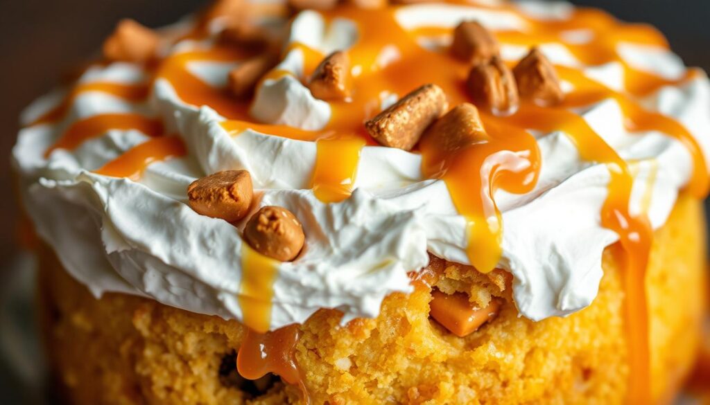 A decadent Butterfinger poke cake, masterfully crafted with a moist, golden cake base infused with the rich, creamy texture of Cool Whip. The surface is adorned with a delicate drizzle of gooey caramel, cascading across the fluffy frosting and revealing the captivating crunch of Butterfinger candy pieces nestled within. Soft, ambient lighting casts a warm, inviting glow, drawing the viewer's attention to the irresistible layers of this indulgent dessert. A high-resolution, close-up composition captures the intricate details, showcasing the cake's irresistible allure and the magic behind its creation. A decadent Butterfinger poke cake, masterfully crafted with a moist, golden cake base infused with the rich, creamy texture of Cool Whip. The surface is adorned with a delicate drizzle of gooey caramel, cascading across the fluffy frosting and revealing the captivating crunch of Butterfinger candy pieces nestled within. Soft, ambient lighting casts a warm, inviting glow, drawing the viewer's attention to the irresistible layers of this indulgent dessert. A high-resolution, close-up composition captures the intricate details, showcasing the cake's irresistible allure and the magic behind its creation.