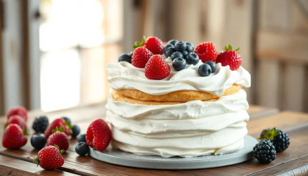 A delectable berry chantilly cake sits on a rustic wooden table, its soft, pillowy layers of moist vanilla sponge and whipped cream adorned with fresh, juicy berries in hues of red, blue, and purple. The cake is illuminated by warm, natural lighting, casting a gentle glow on the scene. The background is blurred, creating a focus on the captivating dessert. The overall composition evokes a sense of indulgence, sophistication, and the irresistible allure of this beloved cake. A delectable berry chantilly cake sits on a rustic wooden table, its soft, pillowy layers of moist vanilla sponge and whipped cream adorned with fresh, juicy berries in hues of red, blue, and purple. The cake is illuminated by warm, natural lighting, casting a gentle glow on the scene. The background is blurred, creating a focus on the captivating dessert. The overall composition evokes a sense of indulgence, sophistication, and the irresistible allure of this beloved cake.