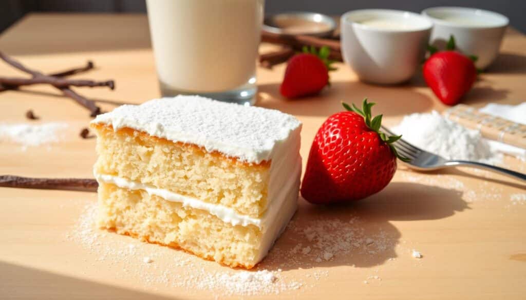 A delightful arrangement of Chantilly cake components on a light wooden table, bathed in warm, natural lighting. In the foreground, a slice of the airy, vanilla-infused cake with its pillowy layers of whipped cream frosting, dusted with powdered sugar. Beside it, a freshly picked strawberry, its vibrant red hue a delightful contrast. In the middle ground, a glass of milk and a fork, subtly hinting at the perfect accompaniment. The background features a scattering of ingredients, such as vanilla beans, sugar, and a small bowl of heavy cream, evoking the homemade and handcrafted nature of this classic dessert. A delightful arrangement of Chantilly cake components on a light wooden table, bathed in warm, natural lighting. In the foreground, a slice of the airy, vanilla-infused cake with its pillowy layers of whipped cream frosting, dusted with powdered sugar. Beside it, a freshly picked strawberry, its vibrant red hue a delightful contrast. In the middle ground, a glass of milk and a fork, subtly hinting at the perfect accompaniment. The background features a scattering of ingredients, such as vanilla beans, sugar, and a small bowl of heavy cream, evoking the homemade and handcrafted nature of this classic dessert.