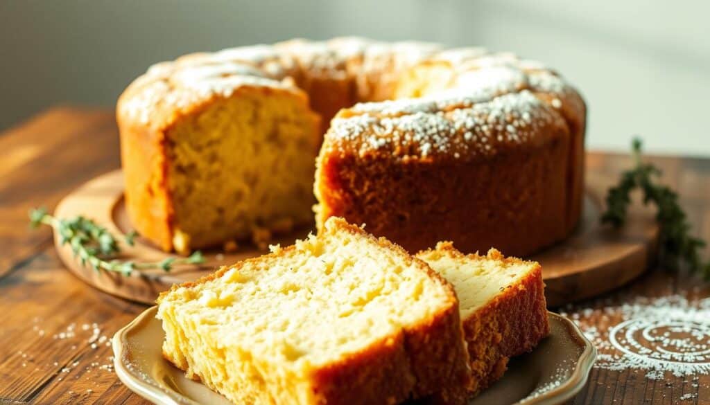 A delightfully moist and rich buttermilk pound cake, resting on a rustic wooden table, bathed in warm, golden lighting. The cake's surface is adorned with a delicate crumb, its texture inviting a tender slice. In the foreground, a platter holds a generous wedge, revealing the cake's tender, buttery interior. Surrounding the cake, sprigs of fresh thyme and a dusting of powdered sugar evoke a sense of homemade comfort. The background is softly blurred, allowing the cake to be the central focus, showcasing the magic of buttermilk in creating this classic, indulgent dessert. A delightfully moist and rich buttermilk pound cake, resting on a rustic wooden table, bathed in warm, golden lighting. The cake's surface is adorned with a delicate crumb, its texture inviting a tender slice. In the foreground, a platter holds a generous wedge, revealing the cake's tender, buttery interior. Surrounding the cake, sprigs of fresh thyme and a dusting of powdered sugar evoke a sense of homemade comfort. The background is softly blurred, allowing the cake to be the central focus, showcasing the magic of buttermilk in creating this classic, indulgent dessert.