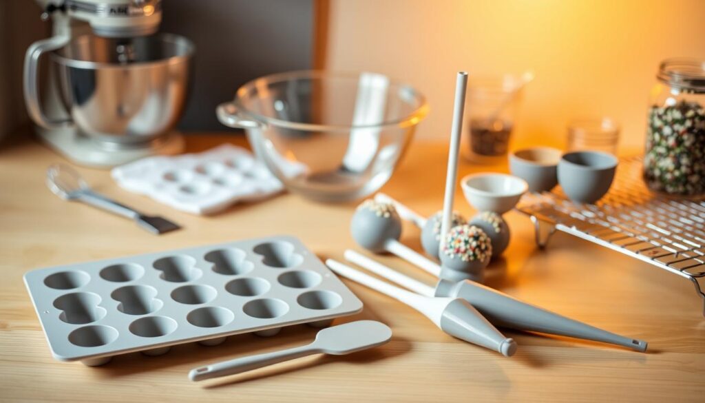 A neatly arranged collection of Starbucks cake pop baking tools on a light wooden table. In the foreground, a silicone cake pop mold, a small spatula, and a pastry bag with a piping tip. In the middle ground, a handheld mixer, a mixing bowl, and a set of measuring cups and spoons. In the background, a baking sheet, a cooling rack, and a jar of sprinkles. Warm, diffused lighting creates a cozy, inviting atmosphere, highlighting the various shades of gray, white, and silver of the tools. The overall composition emphasizes the essential equipment needed to recreate the iconic Starbucks cake pop at home. A neatly arranged collection of Starbucks cake pop baking tools on a light wooden table. In the foreground, a silicone cake pop mold, a small spatula, and a pastry bag with a piping tip. In the middle ground, a handheld mixer, a mixing bowl, and a set of measuring cups and spoons. In the background, a baking sheet, a cooling rack, and a jar of sprinkles. Warm, diffused lighting creates a cozy, inviting atmosphere, highlighting the various shades of gray, white, and silver of the tools. The overall composition emphasizes the essential equipment needed to recreate the iconic Starbucks cake pop at home.