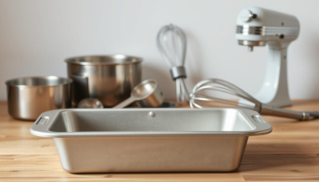 A neatly arranged still life of the essential equipment for baking a classic pound cake. In the foreground, a well-worn and well-loved loaf pan, its smooth metal surface gleaming under the soft, natural lighting. In the middle ground, a set of precise measuring cups and spoons, a sturdy whisk, and a hand mixer with its beaters poised for action. The background gently fades into a clean, minimalist kitchen backdrop, emphasizing the tools of the trade. The overall mood is one of warm, homey practicality, inviting the viewer to imagine the delicious pound cake soon to emerge from this well-appointed baking setup. A neatly arranged still life of the essential equipment for baking a classic pound cake. In the foreground, a well-worn and well-loved loaf pan, its smooth metal surface gleaming under the soft, natural lighting. In the middle ground, a set of precise measuring cups and spoons, a sturdy whisk, and a hand mixer with its beaters poised for action. The background gently fades into a clean, minimalist kitchen backdrop, emphasizing the tools of the trade. The overall mood is one of warm, homey practicality, inviting the viewer to imagine the delicious pound cake soon to emerge from this well-appointed baking setup.