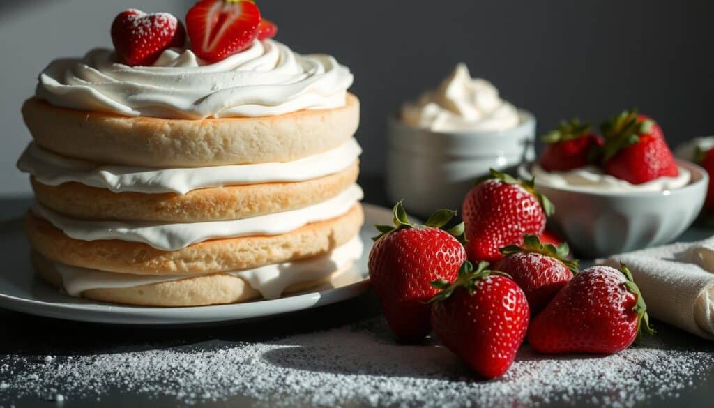A neatly arranged still life of the essential ingredients for a classic Chantilly cake: delicate white cake layers, fresh whipped cream, plump strawberries, and a dusting of powdered sugar. The scene is softly lit from the side, casting gentle shadows and highlighting the textures of each component. The camera angle is slightly elevated to provide an enticing, appetizing view of the ingredients. The mood is one of elegant simplicity, inviting the viewer to imagine the mouthwatering flavors and textures of the finished dessert. A neatly arranged still life of the essential ingredients for a classic Chantilly cake: delicate white cake layers, fresh whipped cream, plump strawberries, and a dusting of powdered sugar. The scene is softly lit from the side, casting gentle shadows and highlighting the textures of each component. The camera angle is slightly elevated to provide an enticing, appetizing view of the ingredients. The mood is one of elegant simplicity, inviting the viewer to imagine the mouthwatering flavors and textures of the finished dessert.