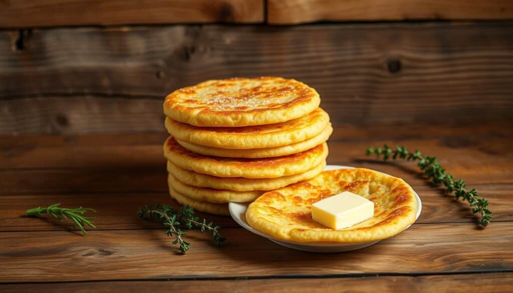 A rustic, handcrafted wooden table set with a stack of golden-brown hoe cakes, freshly cooked and glistening with a light dusting of cornmeal. The cakes are arranged on a simple white plate, surrounded by a few sprigs of fresh thyme and a pat of creamy butter, ready to be drizzled over the warm, savory flatbreads. Warm, soft lighting illuminates the scene, casting a cozy glow and highlighting the simple, honest charm of this traditional Southern dish. In the background, a weathered wooden wall adds texture and depth, evoking the timeless heritage of this humble yet delicious culinary staple. A rustic, handcrafted wooden table set with a stack of golden-brown hoe cakes, freshly cooked and glistening with a light dusting of cornmeal. The cakes are arranged on a simple white plate, surrounded by a few sprigs of fresh thyme and a pat of creamy butter, ready to be drizzled over the warm, savory flatbreads. Warm, soft lighting illuminates the scene, casting a cozy glow and highlighting the simple, honest charm of this traditional Southern dish. In the background, a weathered wooden wall adds texture and depth, evoking the timeless heritage of this humble yet delicious culinary staple.