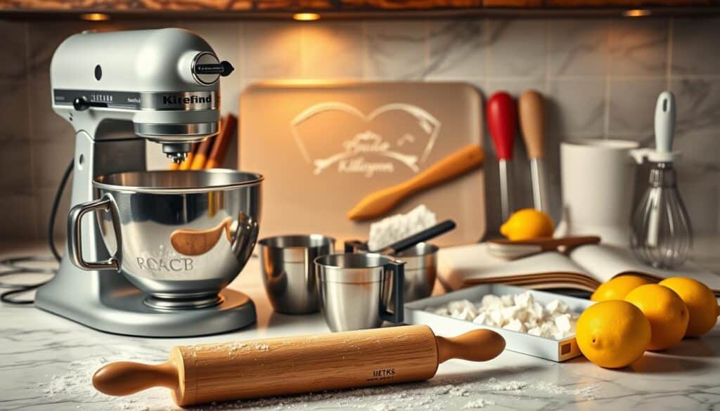 A well-lit, detailed kitchen countertop scene showcasing an assortment of baking equipment. In the foreground, a stand mixer, rolling pin, and measuring cups in stainless steel. In the middle ground, a baking sheet, spatula, and whisk. In the background, a flour-dusted marble surface, a cookbook, and a few ripe lemons. The lighting is warm and soft, emphasizing the textures and colors of the tools. The composition is balanced, with the equipment arranged in an inviting, organized manner, hinting at the delicious baking to come. A well-lit, detailed kitchen countertop scene showcasing an assortment of baking equipment. In the foreground, a stand mixer, rolling pin, and measuring cups in stainless steel. In the middle ground, a baking sheet, spatula, and whisk. In the background, a flour-dusted marble surface, a cookbook, and a few ripe lemons. The lighting is warm and soft, emphasizing the textures and colors of the tools. The composition is balanced, with the equipment arranged in an inviting, organized manner, hinting at the delicious baking to come.