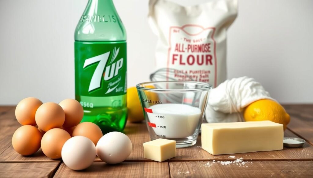 High-resolution photograph of essential ingredients for a classic 7 Up cake recipe, arranged on a rustic wooden table with natural lighting and a clean, minimalist background. In the foreground, a stack of fresh eggs, a stick of butter, and a measuring cup filled with sugar. In the middle ground, a glass bottle of 7 Up soda, a lemon, and a mixing bowl. In the background, a wire whisk, a bag of all-purpose flour, and a pinch of salt. The overall composition conveys a sense of simplicity, quality ingredients, and the timeless appeal of this beloved dessert. High-resolution photograph of essential ingredients for a classic 7 Up cake recipe, arranged on a rustic wooden table with natural lighting and a clean, minimalist background. In the foreground, a stack of fresh eggs, a stick of butter, and a measuring cup filled with sugar. In the middle ground, a glass bottle of 7 Up soda, a lemon, and a mixing bowl. In the background, a wire whisk, a bag of all-purpose flour, and a pinch of salt. The overall composition conveys a sense of simplicity, quality ingredients, and the timeless appeal of this beloved dessert.