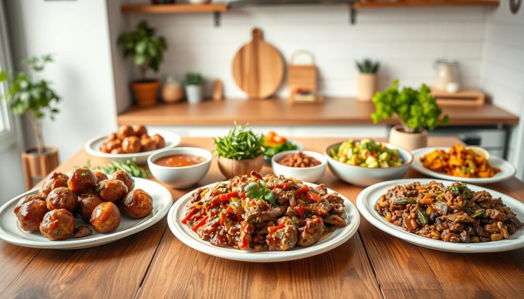 A beautifully lit, high-quality food photography shot of a wooden table filled with an assortment of delicious high-protein ground beef recipes. In the foreground, carefully arranged plates display a variety of mouthwatering dishes, such as juicy meatballs, savory beef chili, and flavorful beef and veggie stir-fry. The middle ground features fresh herbs, spices, and other garnishes, adding vibrant pops of color and texture. The background showcases a minimalist kitchen setting, with clean white walls and simple, rustic decor, creating a warm, inviting atmosphere. The lighting is soft and natural, highlighting the rich, succulent tones of the ground beef and the complex flavors of the expertly prepared recipes. A beautifully lit, high-quality food photography shot of a wooden table filled with an assortment of delicious high-protein ground beef recipes. In the foreground, carefully arranged plates display a variety of mouthwatering dishes, such as juicy meatballs, savory beef chili, and flavorful beef and veggie stir-fry. The middle ground features fresh herbs, spices, and other garnishes, adding vibrant pops of color and texture. The background showcases a minimalist kitchen setting, with clean white walls and simple, rustic decor, creating a warm, inviting atmosphere. The lighting is soft and natural, highlighting the rich, succulent tones of the ground beef and the complex flavors of the expertly prepared recipes.