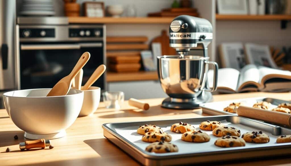 A bright, airy kitchen counter set with a variety of professional-grade baking equipment for crafting the perfect chocolate chip cookies. In the foreground, a large mixing bowl, wooden spoon, and measuring cups stand ready. In the middle ground, a high-powered stand mixer and rolling pin sit alongside a baking sheet filled with freshly baked cookies. In the background, a stainless steel oven and open cookbook provide a sense of culinary ambiance. Warm, natural lighting casts a soft glow across the scene, creating an inviting atmosphere for a cozy baking session. A bright, airy kitchen counter set with a variety of professional-grade baking equipment for crafting the perfect chocolate chip cookies. In the foreground, a large mixing bowl, wooden spoon, and measuring cups stand ready. In the middle ground, a high-powered stand mixer and rolling pin sit alongside a baking sheet filled with freshly baked cookies. In the background, a stainless steel oven and open cookbook provide a sense of culinary ambiance. Warm, natural lighting casts a soft glow across the scene, creating an inviting atmosphere for a cozy baking session.