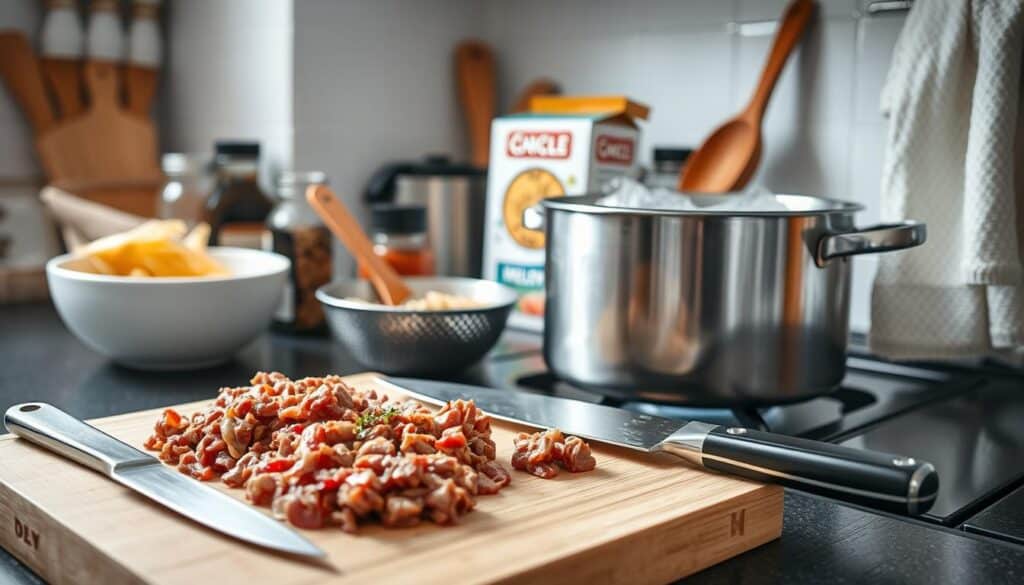 A bright, well-lit kitchen scene featuring various kitchen tools and equipment needed for preparing a ground beef and noodles dish. In the foreground, place a cutting board with ground beef, a sharp chef's knife, and a set of stainless steel measuring spoons. In the middle ground, include a large pot filled with boiling water, a wooden spoon, and a box of dry noodles. In the background, showcase a few additional items such as a colander, a jar of spices, and a towel hanging on the oven handle. Capture the scene from a slightly elevated angle, creating a sense of depth and organization. Convey a sense of efficiency and practicality, as if preparing a quick weeknight meal. A bright, well-lit kitchen scene featuring various kitchen tools and equipment needed for preparing a ground beef and noodles dish. In the foreground, place a cutting board with ground beef, a sharp chef's knife, and a set of stainless steel measuring spoons. In the middle ground, include a large pot filled with boiling water, a wooden spoon, and a box of dry noodles. In the background, showcase a few additional items such as a colander, a jar of spices, and a towel hanging on the oven handle. Capture the scene from a slightly elevated angle, creating a sense of depth and organization. Convey a sense of efficiency and practicality, as if preparing a quick weeknight meal.