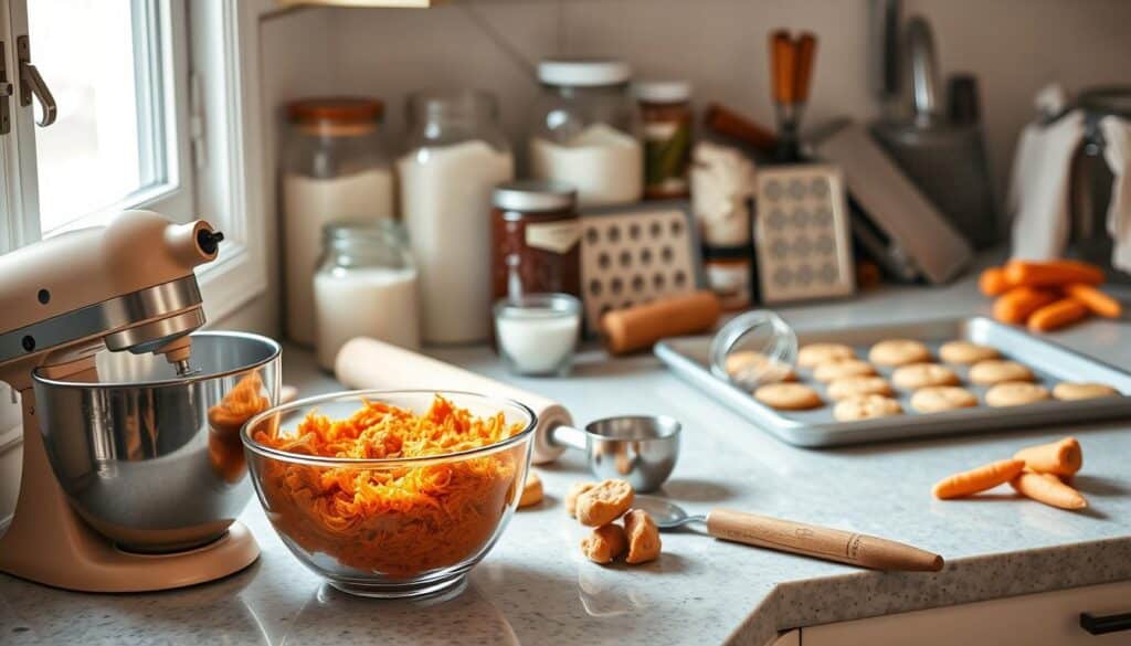 A clean, well-lit kitchen countertop with an array of baking equipment and ingredients for making carrot cake cookies. In the foreground, a sturdy mixing bowl, a hand mixer, and a set of measuring cups and spoons. In the middle ground, a rolling pin, a cookie sheet, and a grater for shredding fresh carrots. In the background, jars of flour, sugar, cinnamon, and other spices, as well as a few whole carrots. The lighting is warm and natural, creating a cozy, inviting atmosphere, perfect for a homemade baking session. A clean, well-lit kitchen countertop with an array of baking equipment and ingredients for making carrot cake cookies. In the foreground, a sturdy mixing bowl, a hand mixer, and a set of measuring cups and spoons. In the middle ground, a rolling pin, a cookie sheet, and a grater for shredding fresh carrots. In the background, jars of flour, sugar, cinnamon, and other spices, as well as a few whole carrots. The lighting is warm and natural, creating a cozy, inviting atmosphere, perfect for a homemade baking session.