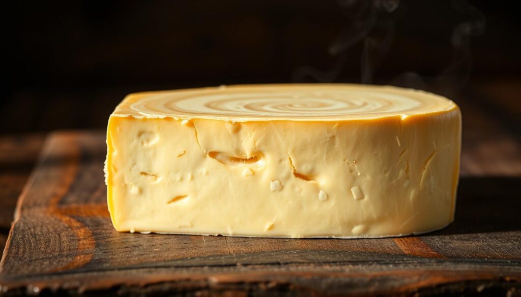 A close-up, high-resolution photograph of a smooth, creamy block of smoked cream cheese, resting on a rustic wooden surface. The cheese has a rich, golden-brown hue with delicate streaks of smoke swirling through it, giving it an alluring, artisanal appearance. The lighting is soft and natural, casting subtle shadows that accentuate the texture and depth of the cheese. The background is slightly blurred, allowing the viewer to focus solely on the captivating centerpiece. The overall mood is one of artisanal craftsmanship, inviting the viewer to imagine the flavors and aromas of this unique dairy creation. A close-up, high-resolution photograph of a smooth, creamy block of smoked cream cheese, resting on a rustic wooden surface. The cheese has a rich, golden-brown hue with delicate streaks of smoke swirling through it, giving it an alluring, artisanal appearance. The lighting is soft and natural, casting subtle shadows that accentuate the texture and depth of the cheese. The background is slightly blurred, allowing the viewer to focus solely on the captivating centerpiece. The overall mood is one of artisanal craftsmanship, inviting the viewer to imagine the flavors and aromas of this unique dairy creation.