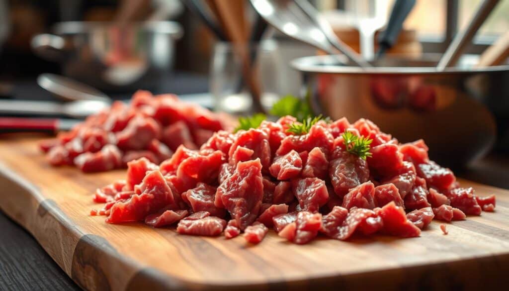 A close-up shot of a wooden cutting board filled with freshly ground Wagyu beef, the rich marbling and deep crimson hue shining under warm, natural lighting. In the background, a stainless steel bowl and various cooking utensils are arranged, hinting at the delicious recipe to come. The scene exudes a sense of premium quality and culinary expertise, perfectly capturing the benefits of cooking with this exceptional beef.