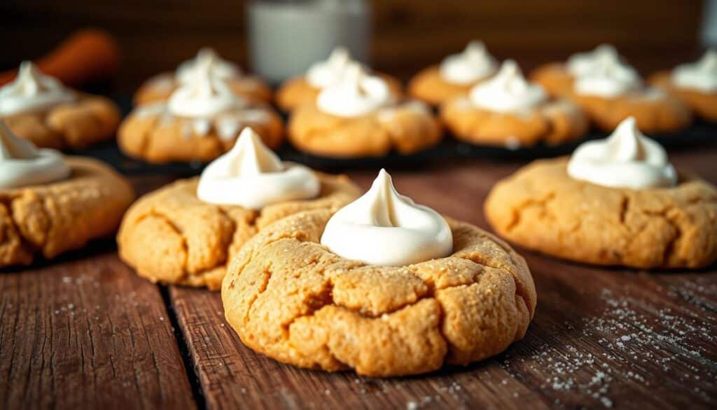A close-up shot of freshly baked carrot cake cookies, arranged on a rustic wooden surface. The cookies have a soft, moist texture, with a golden-brown exterior and visible flecks of grated carrot throughout. The foreground features a few cookies in the center, capturing the delicate crumb and gentle swirls of cream cheese frosting piped on top. In the middle ground, additional cookies are arranged, some with a dusting of powdered sugar. The background is slightly blurred, adding a sense of depth and focus to the main subject. The lighting is warm and natural, casting a cozy, inviting atmosphere. The overall composition emphasizes the handcrafted, homemade quality of these irresistible carrot cake cookies. A close-up shot of freshly baked carrot cake cookies, arranged on a rustic wooden surface. The cookies have a soft, moist texture, with a golden-brown exterior and visible flecks of grated carrot throughout. The foreground features a few cookies in the center, capturing the delicate crumb and gentle swirls of cream cheese frosting piped on top. In the middle ground, additional cookies are arranged, some with a dusting of powdered sugar. The background is slightly blurred, adding a sense of depth and focus to the main subject. The lighting is warm and natural, casting a cozy, inviting atmosphere. The overall composition emphasizes the handcrafted, homemade quality of these irresistible carrot cake cookies.