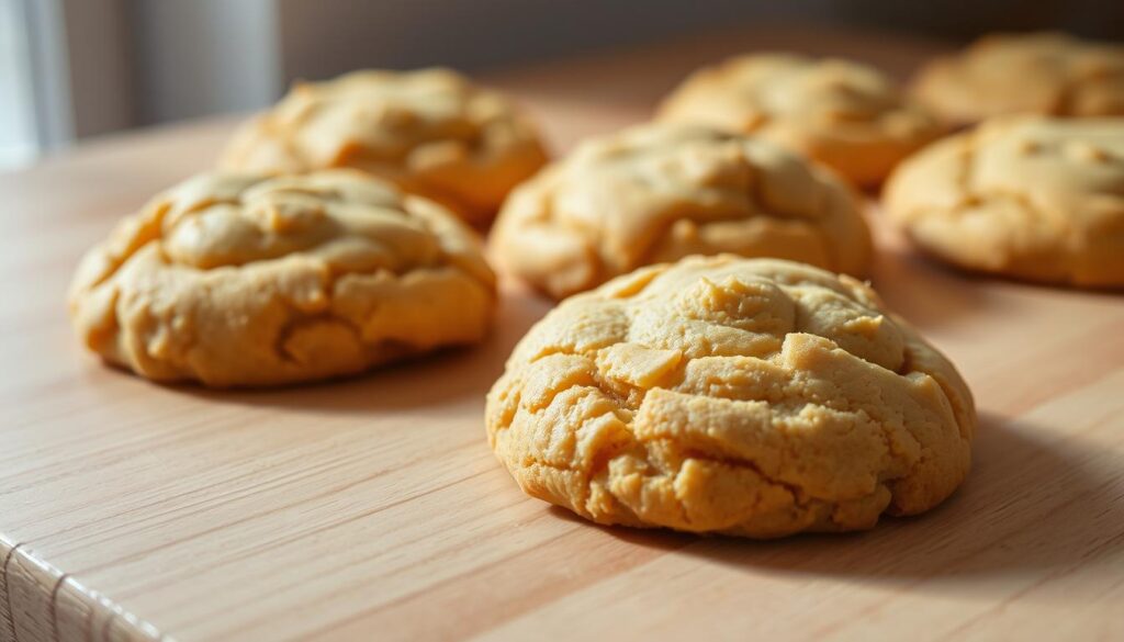 A close-up shot of several freshly baked cookies placed on a light-colored wooden surface. The cookies are golden-brown in color, with a soft, crumbly texture, and a slightly domed shape. The surface is well-lit, casting soft shadows that accentuate the details of the cookies. The background is slightly blurred, creating a sense of focus on the cookies in the foreground. The image conveys a warm, inviting atmosphere, highlighting the appetizing nature of these butter-free treats. A close-up shot of several freshly baked cookies placed on a light-colored wooden surface. The cookies are golden-brown in color, with a soft, crumbly texture, and a slightly domed shape. The surface is well-lit, casting soft shadows that accentuate the details of the cookies. The background is slightly blurred, creating a sense of focus on the cookies in the foreground. The image conveys a warm, inviting atmosphere, highlighting the appetizing nature of these butter-free treats.