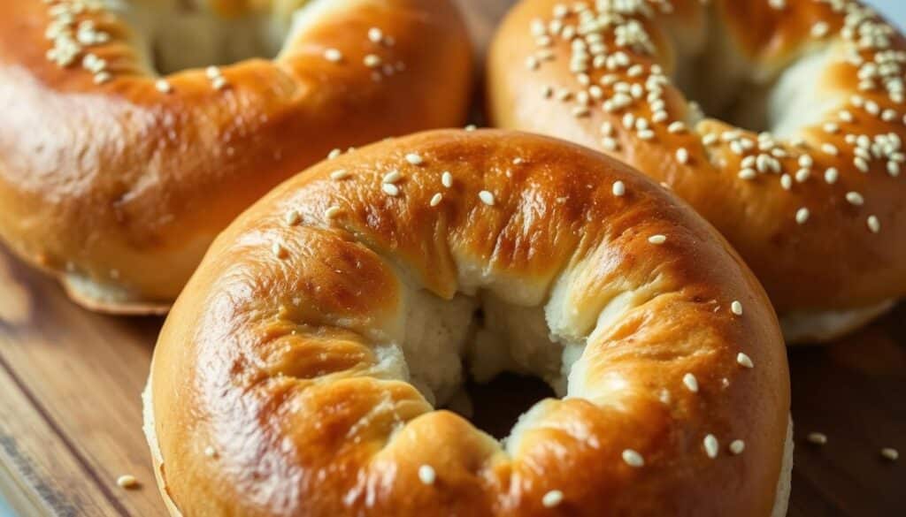 A close-up shot of three freshly baked cottage cheese bagels, glistening with a golden-brown crust and flecked with a subtle sprinkling of sesame seeds. The bagels are arranged neatly on a rustic wooden board, their soft, pillowy interiors visible through the delicate crumb. Soft, natural lighting casts a warm glow, highlighting the simple yet enticing ingredients - cottage cheese, flour, and yeast. The image conveys a sense of homemade comfort and wholesome goodness, perfectly suited to illustrate the "Essential Ingredients for Perfect Cottage Cheese Bagels" section of the article. A close-up shot of three freshly baked cottage cheese bagels, glistening with a golden-brown crust and flecked with a subtle sprinkling of sesame seeds. The bagels are arranged neatly on a rustic wooden board, their soft, pillowy interiors visible through the delicate crumb. Soft, natural lighting casts a warm glow, highlighting the simple yet enticing ingredients - cottage cheese, flour, and yeast. The image conveys a sense of homemade comfort and wholesome goodness, perfectly suited to illustrate the "Essential Ingredients for Perfect Cottage Cheese Bagels" section of the article.